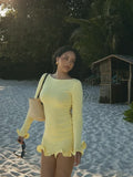 Boat Neck Long Sleeve Knit Ruffle Cuff and Hem Mini Dress