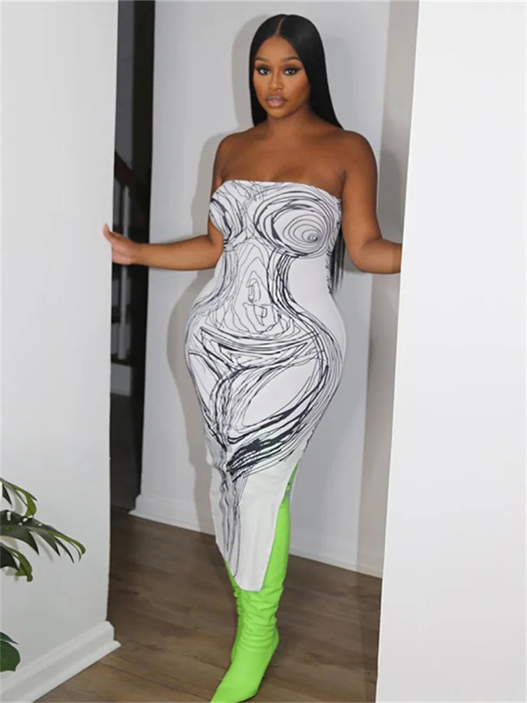 Abstract Line Art Print Strapless Tube Side Slit Midi Dress