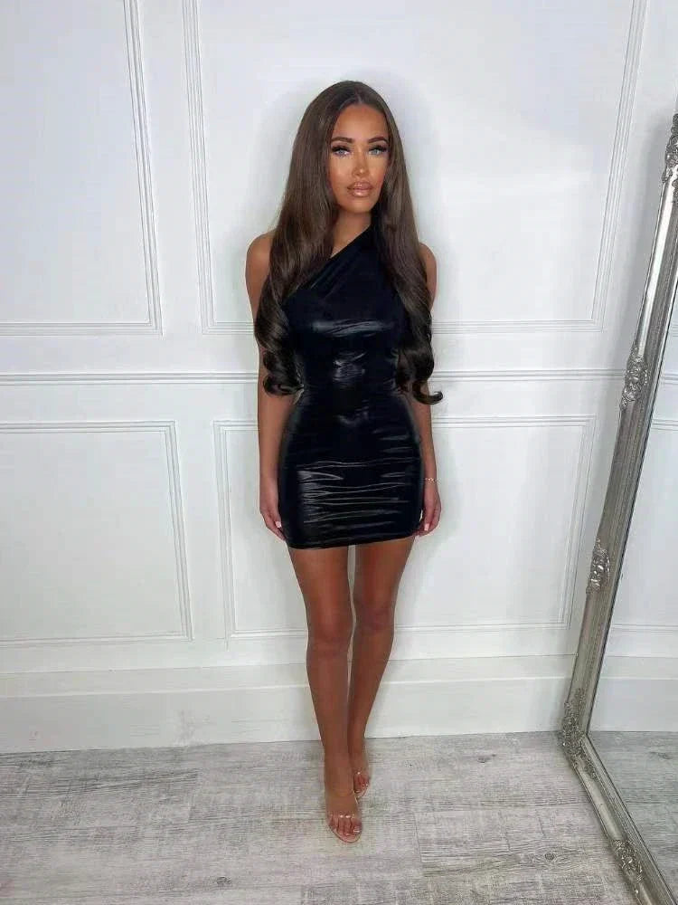 One Shoulder Metallic Foil Bodycon Mini Dress