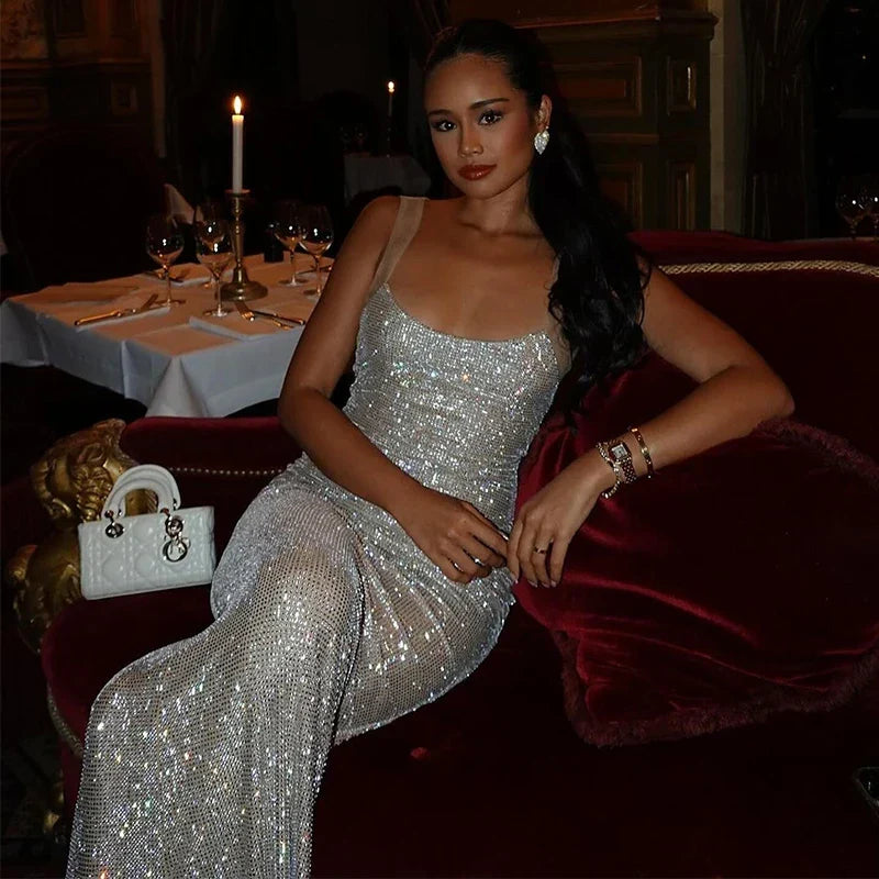 Sequin Scoop Neck Thin Strap Bodycon Maxi Dress