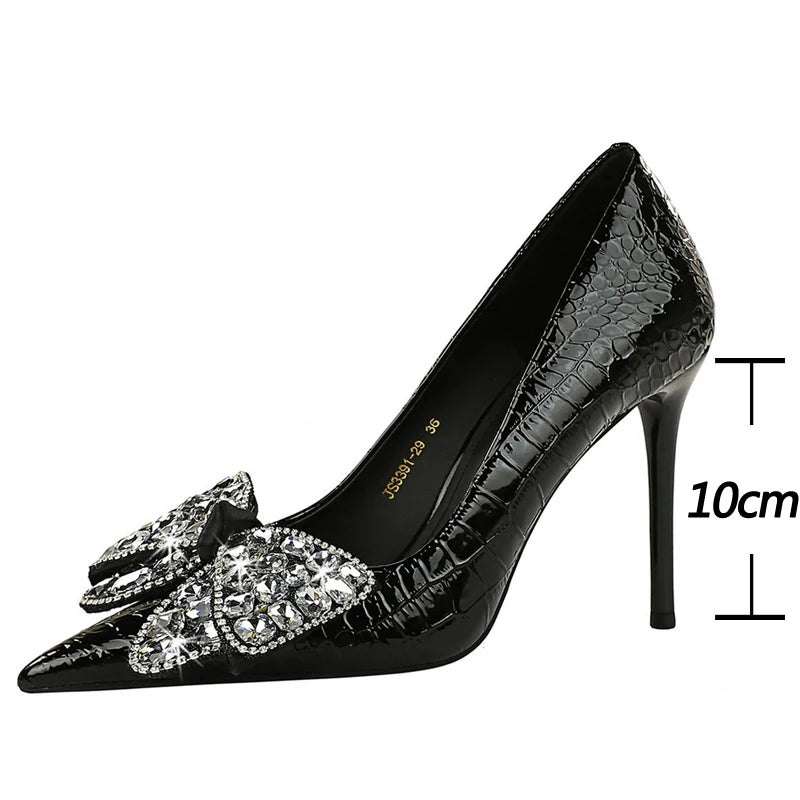 Women's Stiletto Pumps with Bowknot Design and Rhinestone Detail