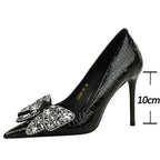 Women's Stiletto Pumps with Bowknot Design and Rhinestone Detail
