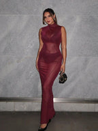 Mesh Stand Collar Sleeveless Sheer Panel Straight Maxi Dress