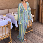 Crochet Stripe Bell Sleeve Plunging V-Neck Maxi Dress