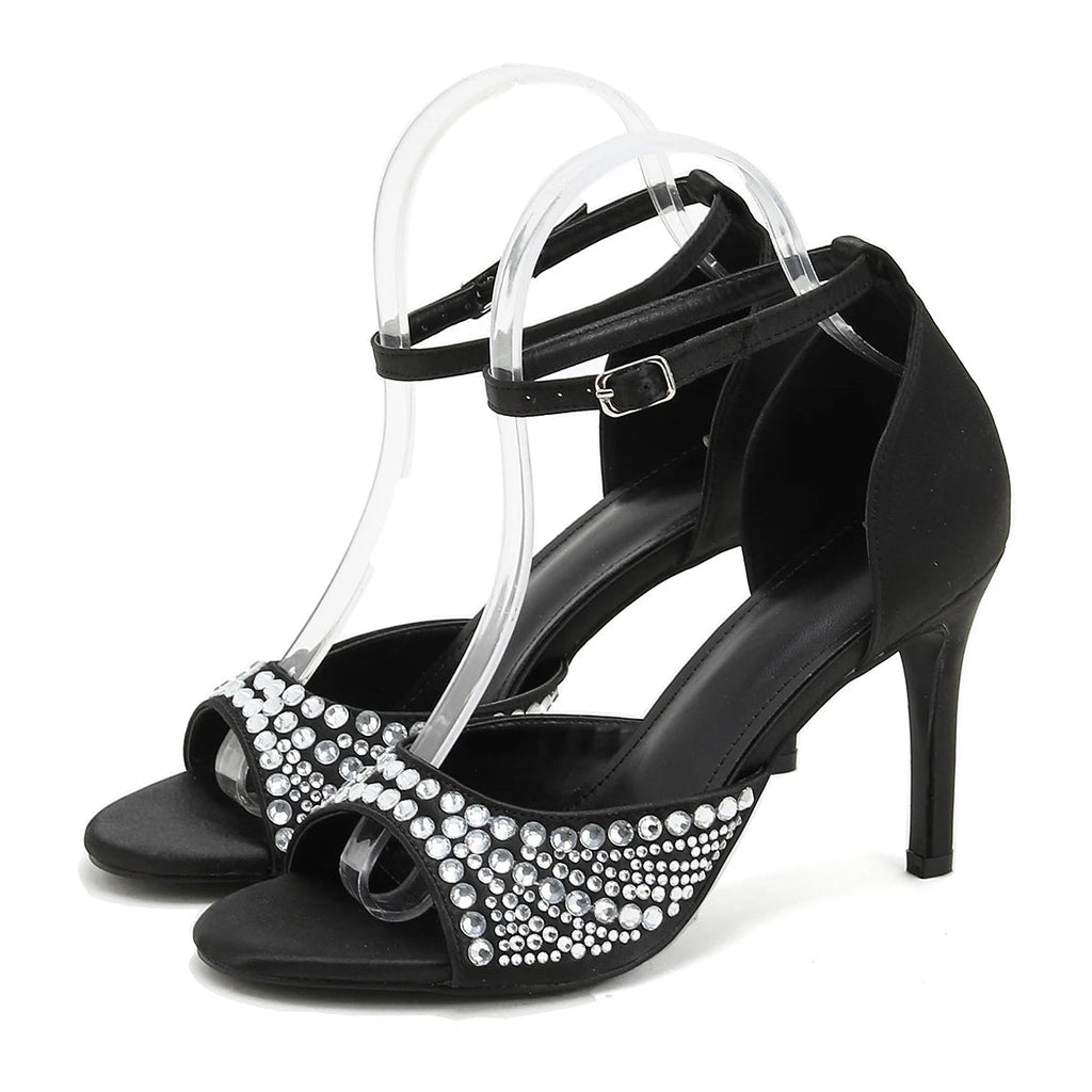 Crystal Silk Sandals Women Thin Heels for Summer Prom Party