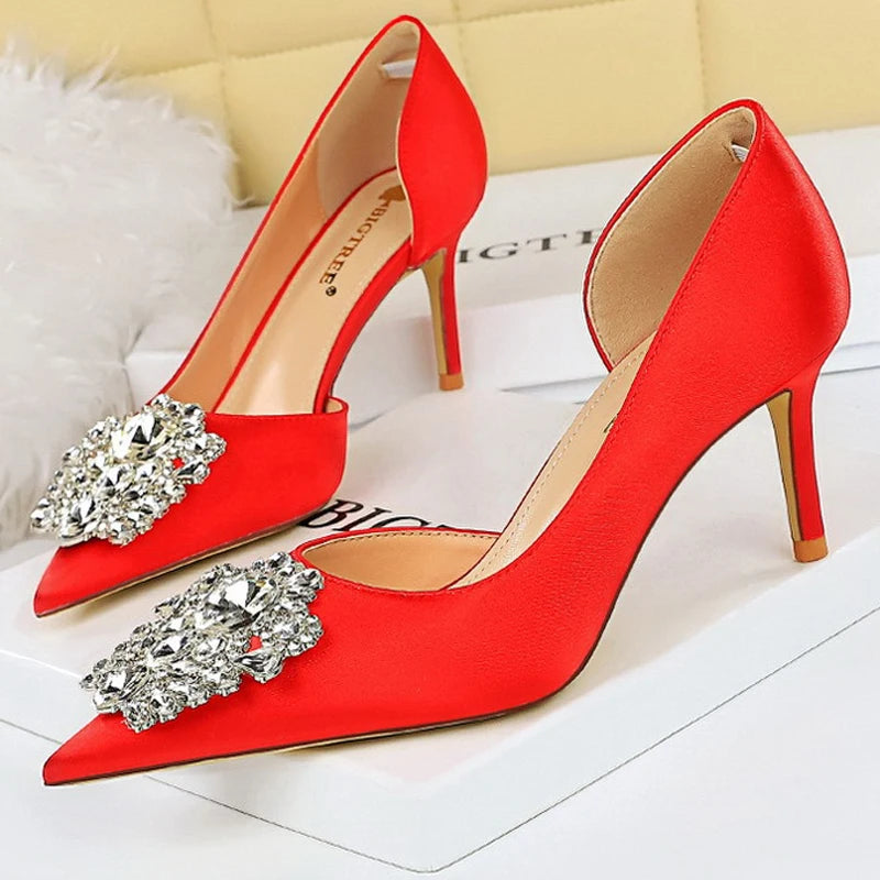 Satin Rhinestone High Heels for Women - Elegant Banquet Stilettos Lady Heels