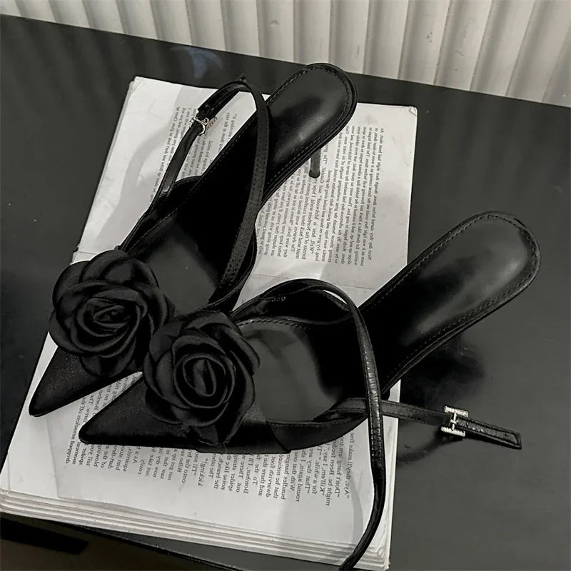 Thin High Heels Buckle Strap Women Pumps with Sexy Flower Pointed Toe Mules