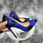 Blue Cow Women Hairy Flock Pointy Toe High Heel Shoes   Cow Women High Heel Shoes