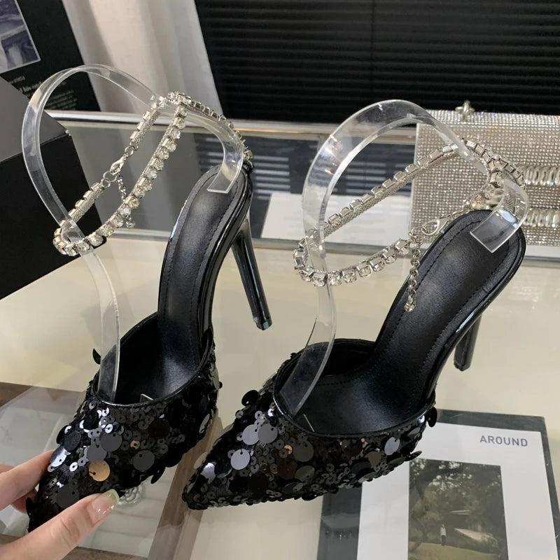 Sequined Women Pumps with Crystal Ankle Buckle Strap and Thin High Heels