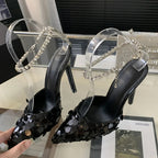 Sequined Women Pumps with Crystal Ankle Buckle Strap and Thin High Heels