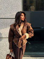 Fashion Warm Furry Leather Woman Jacket With Belt Chic Lapel Long Sleeve Motorcycle Coat Lady 2024 Winter High Street Outerwear