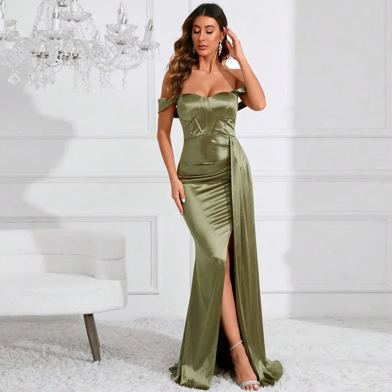 Off Shoulder Sweetheart Ruched Satin Draped Sash High Slit Mermaid Maxi Gown