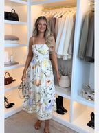 Strapless Corset Bodice Floral Ribbon Print Ball Gown Maxi Dress