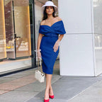 Off Shoulder Draped Cap Sleeve Wrap Belt Grommet Bodycon Midi Dress