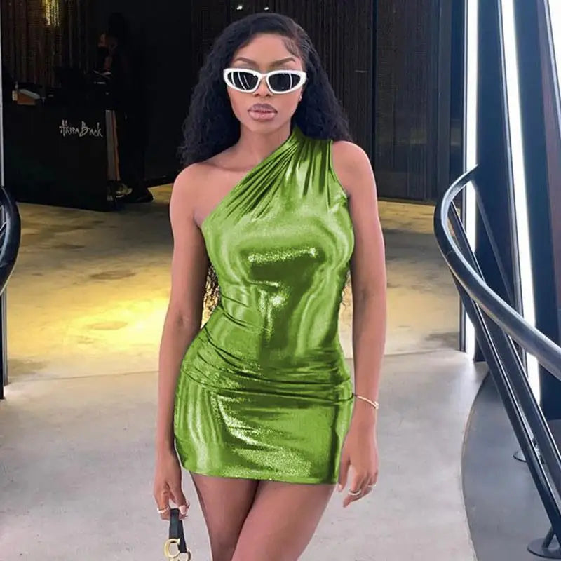 Metallic One Shoulder Bodycon Mini Dress