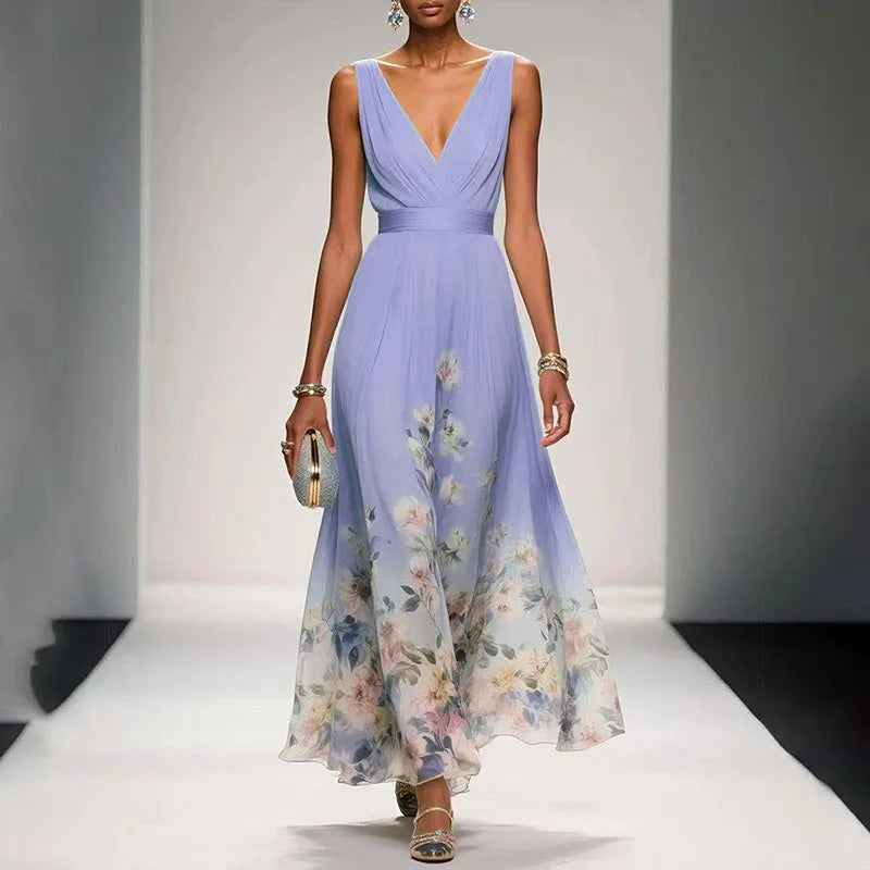 V-Neck Waistband Floral Hem Chiffon Maxi Dress