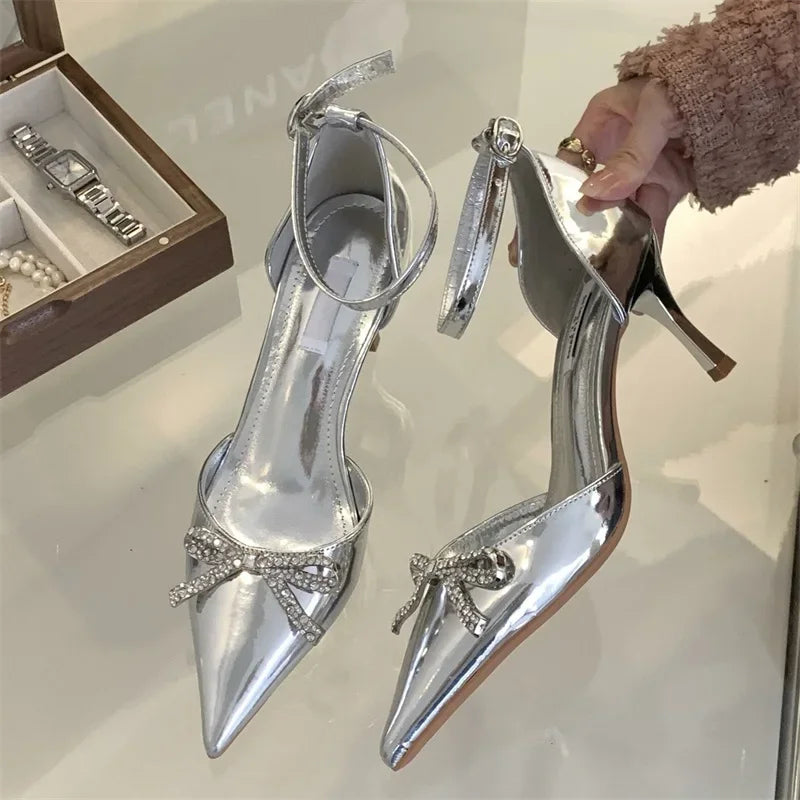 Crystal Butterfly-knot Pointed Toe Buckle Strap Women Pumps Sandals with Thin High Heels