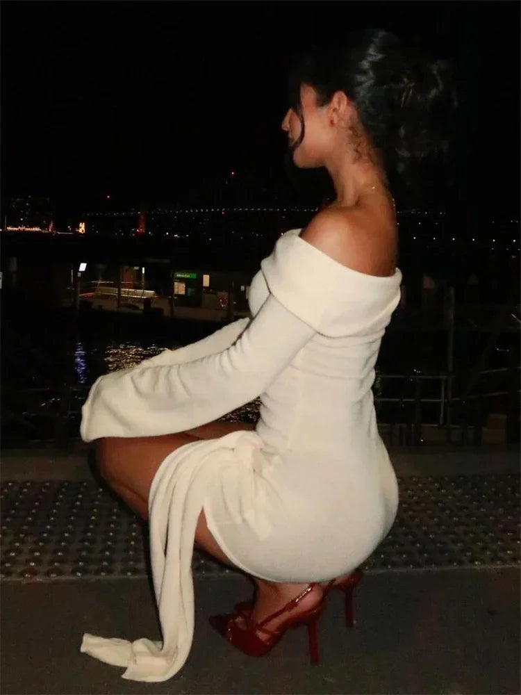Off Shoulder Ribbed Knit Side Tie Long Sleeve Mini Dress