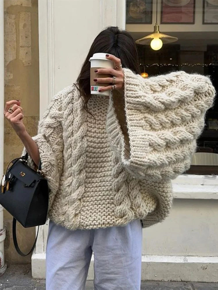 Loose Knitted Women's Sweater High Neck Wide Long Sleeve Female Knitwear Tops 2024 Autumn Winter Fashion Oversized Lady Pullover