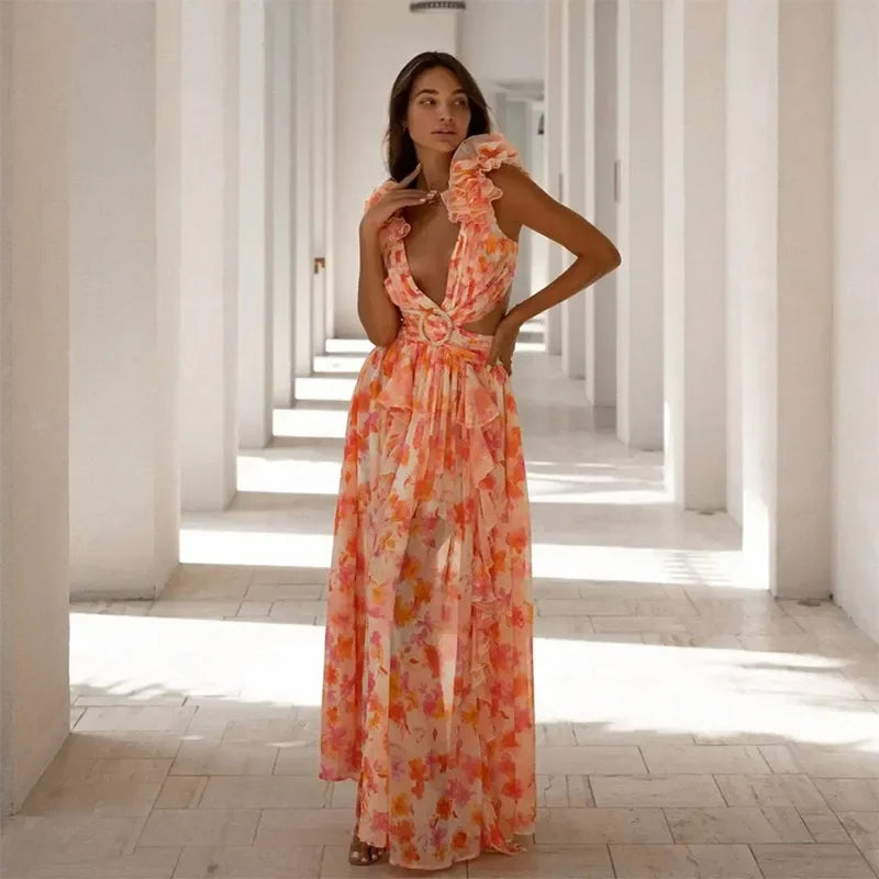 Floral Print Plunging V-Neck Ruffle Strap Waist Cut Out Tiered Maxi Dress