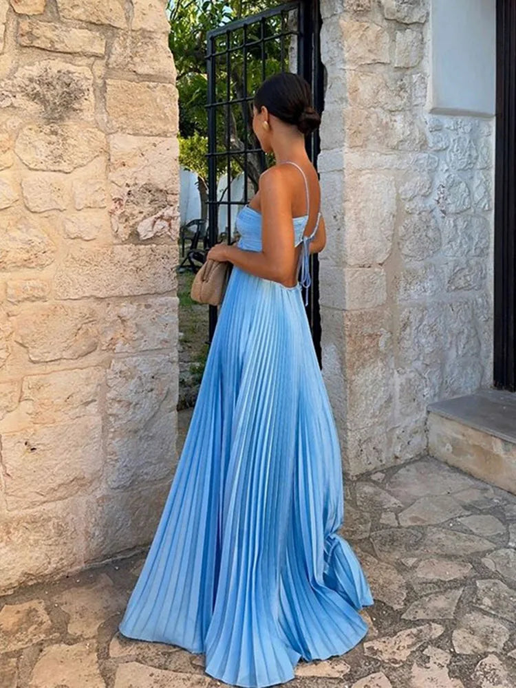 Halter Criss Cross Keyhole Pleated Tiered Ruffle Hem Maxi Dress