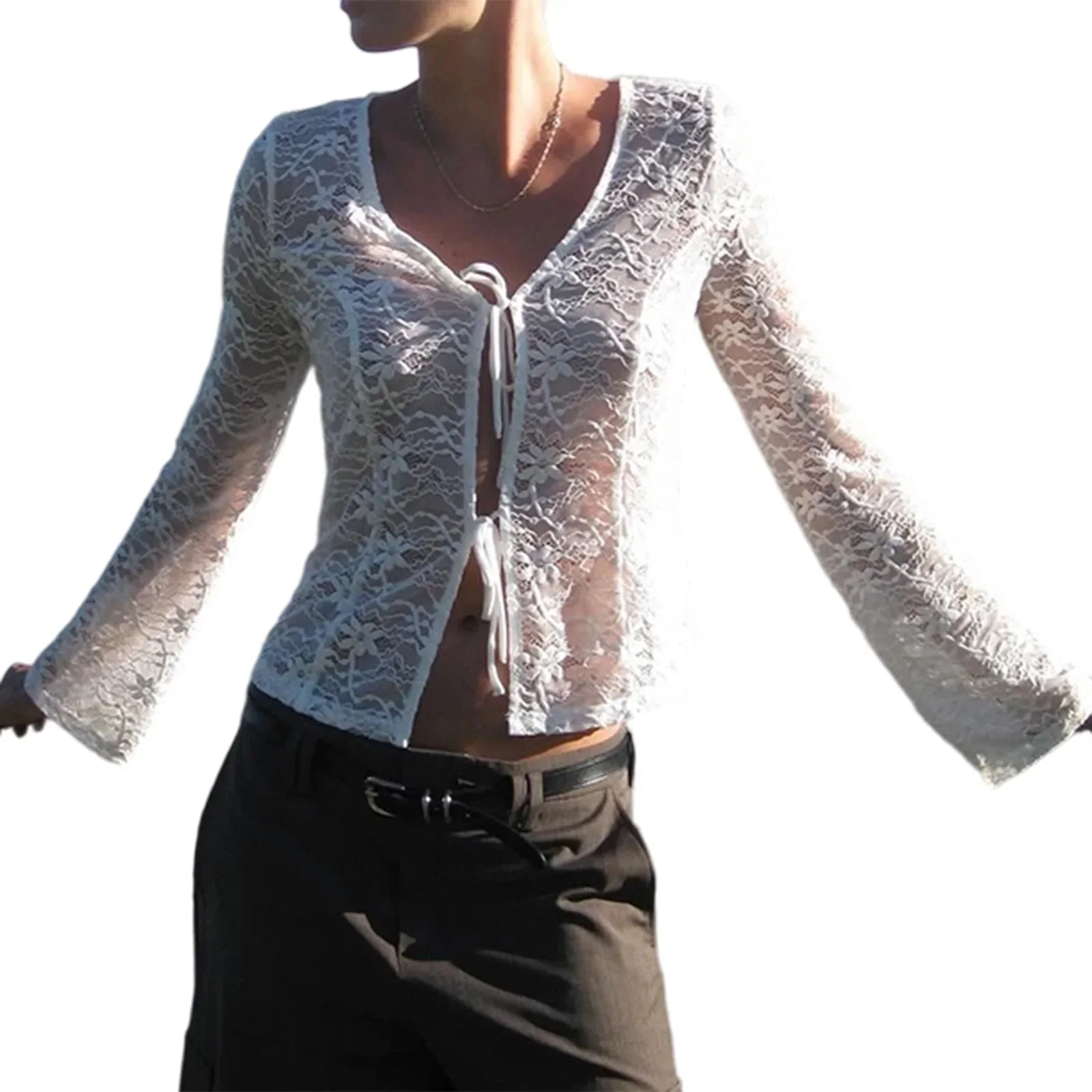 Elegant Lace Trimmed V-Neck Blouse with Tie Front Detail and Long Sleeves - Stylish Women s Shirt for Chic Street Style