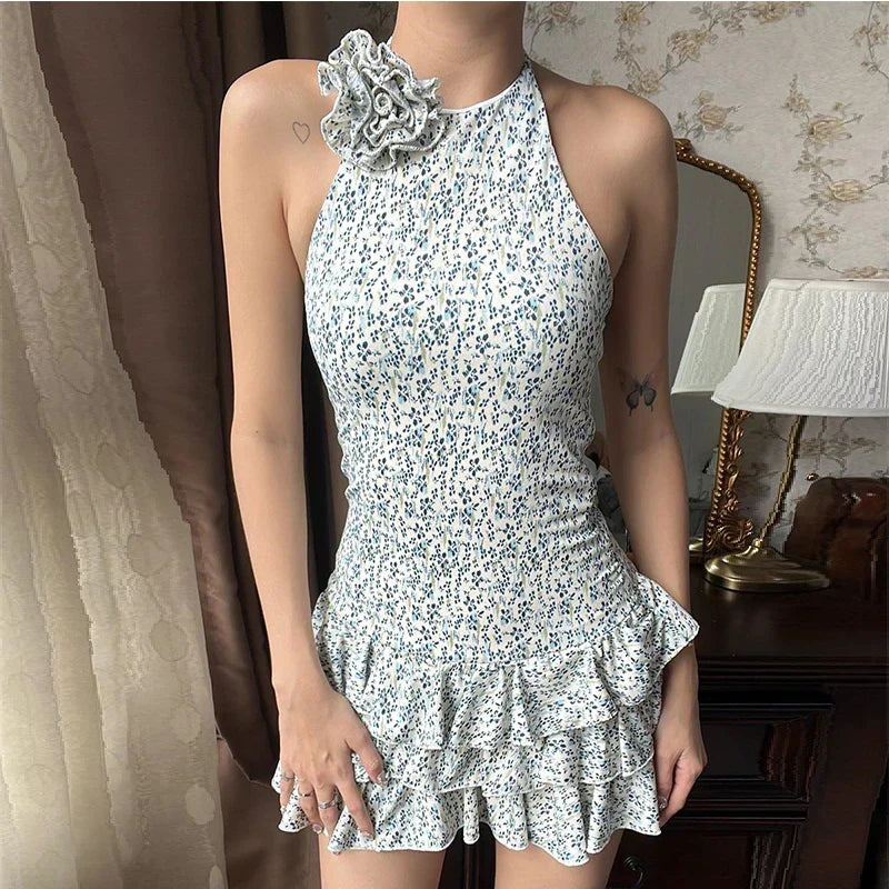 Ditsy Floral Print Halter Neck Smocked Bodice Tiered Ruffle Mini Dress