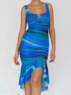 Abstract Print Ruched Cutout Asymmetric Ruffle Hem Midi Dress