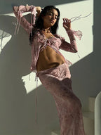 Sheer Marble Print Bell Sleeve Tie Front Maxi Skirt Set