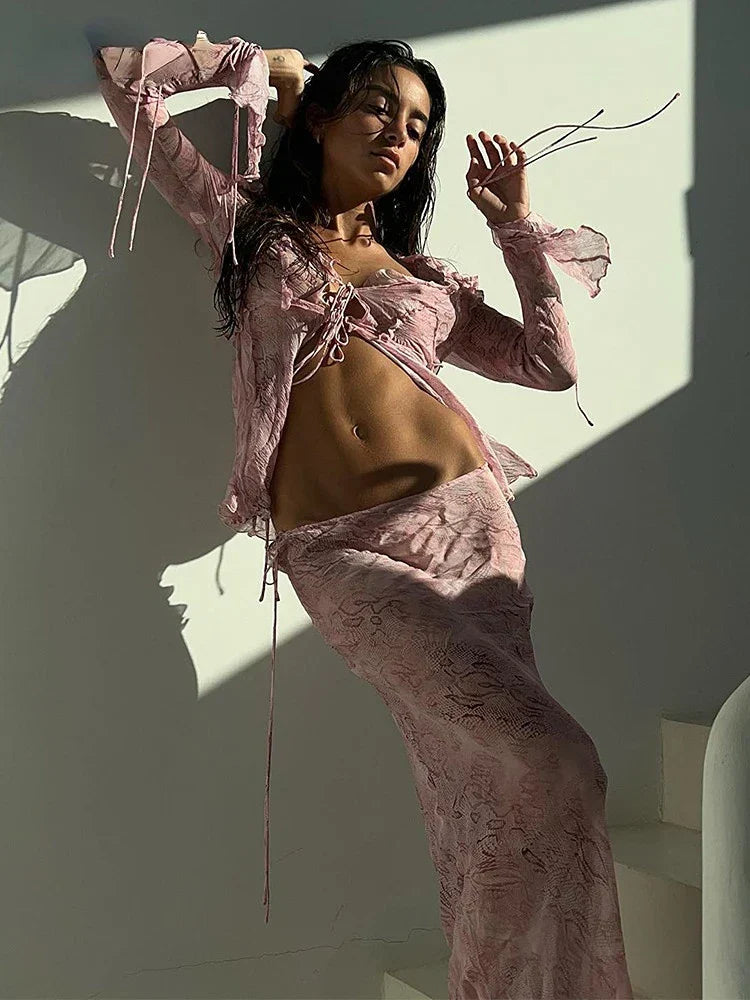Sheer Marble Print Bell Sleeve Tie Front Maxi Skirt Set