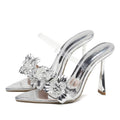 PVC Transparent Flower Pointed Toe Thin Heel Slippers for Summer