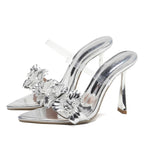 PVC Transparent Flower Pointed Toe Thin Heel Slippers for Summer