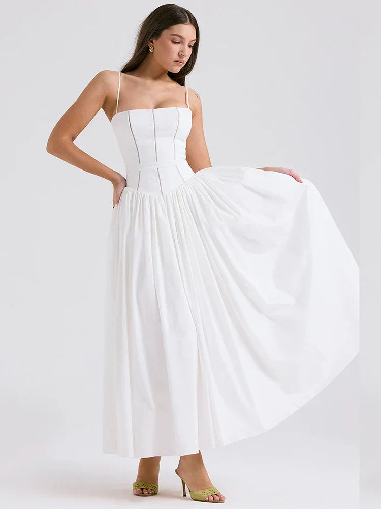 Bustier Spaghetti Strap Gathered Full Skirt Midi Dress