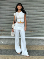 Women Lace Patch Strap Bootcut Pants white