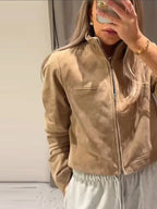 Stand Collar Suede Leather Jacket Coat Zipper Retro Long Sleeved Casual Biker Jackets Loose Fashion Front Shoulder Short Outwear