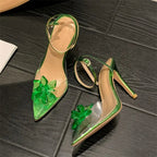 Green Crystal Flower Women Pumps with Sexy Pointed Toe High Heels