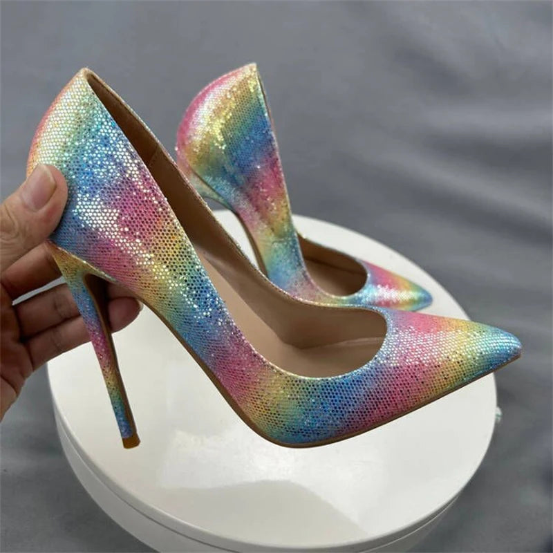 Colorful Rainbow Stiletto Pumps Women Sexy Pointed Toe 12cm High Heels