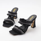 Denim women slippers with new rhinestone plush stiletto heels