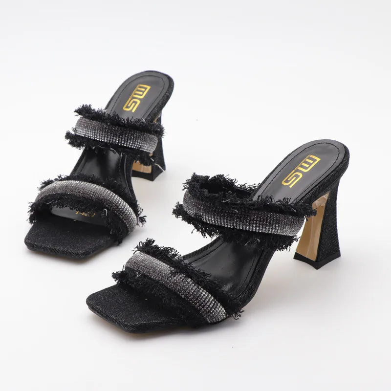 Denim women slippers with new rhinestone plush stiletto heels