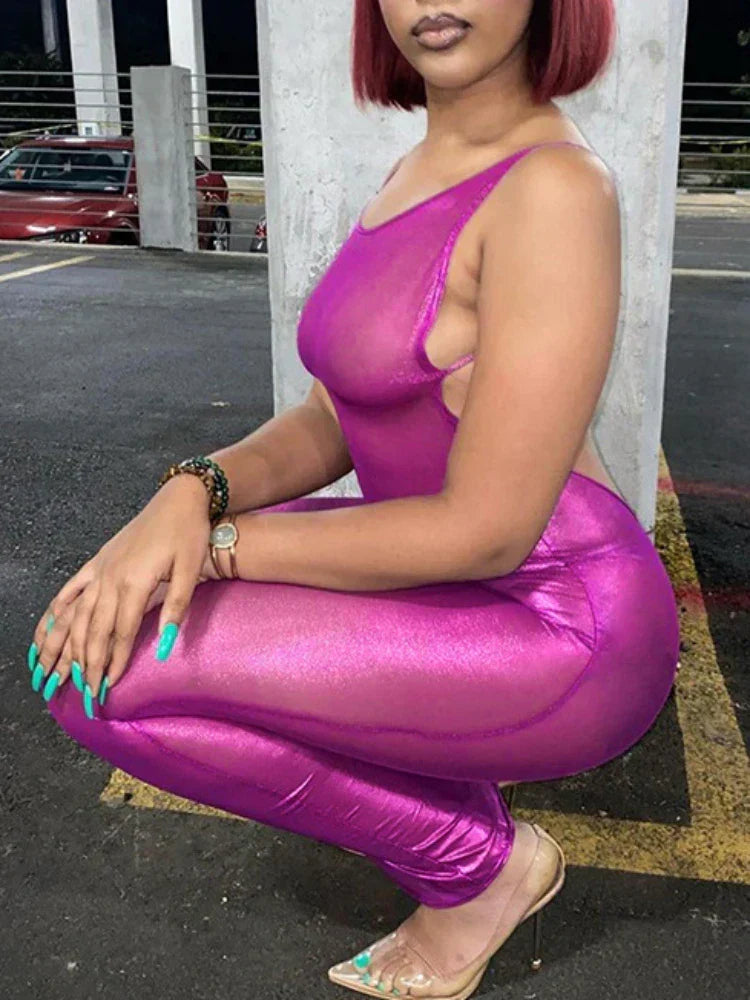 Glossy Sheer Mesh Spaghetti Strap Backless Column Maxi Slip Dress