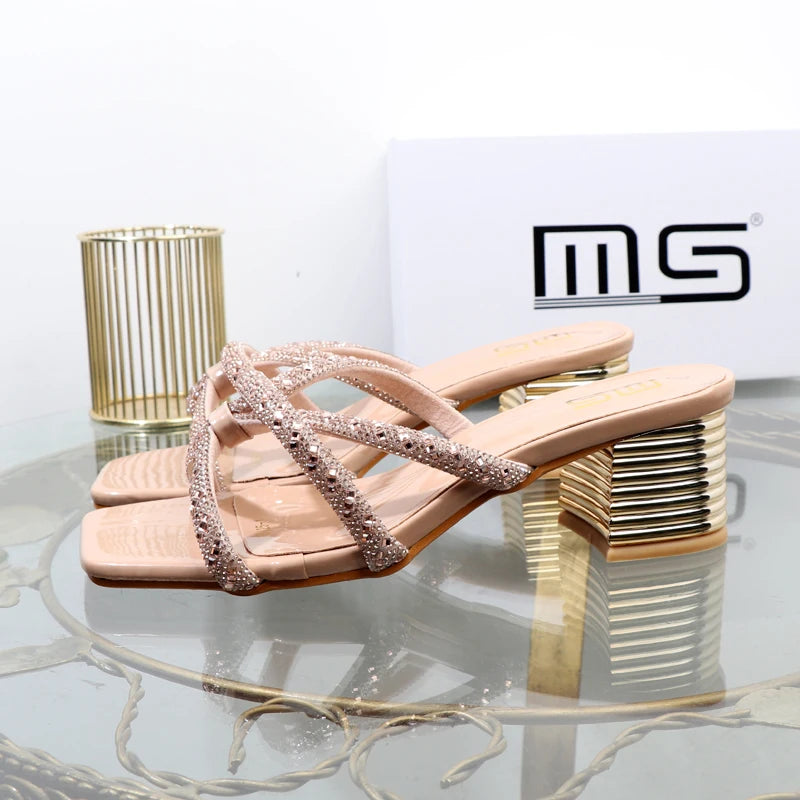 Rhinestone sandals with thick high heels for women's luxury style in autumn