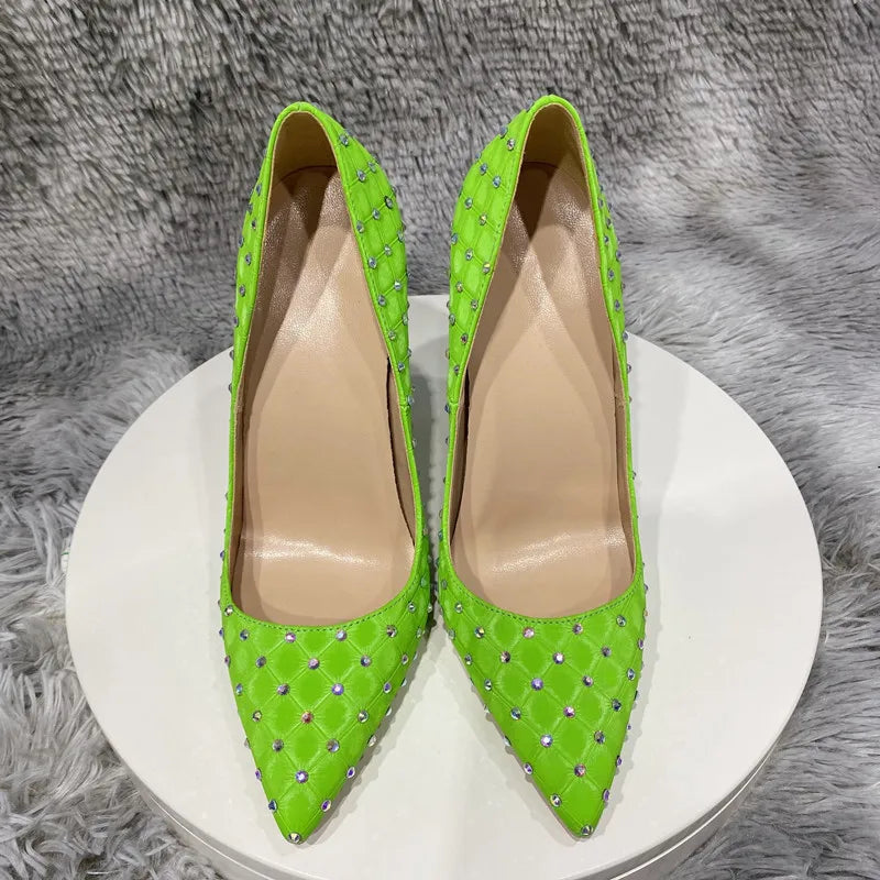 Black Plaid Fabric Pointy Toe High Heel Shoes with Rhinestones for Women