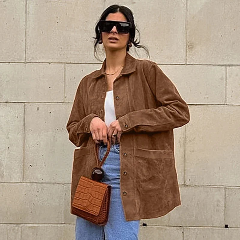 Vintage Suede Women's Jackets Casual Turn-down Collar Female Coat 2024 Autumn Fashion Single Breasted Lady Jacket Outwear