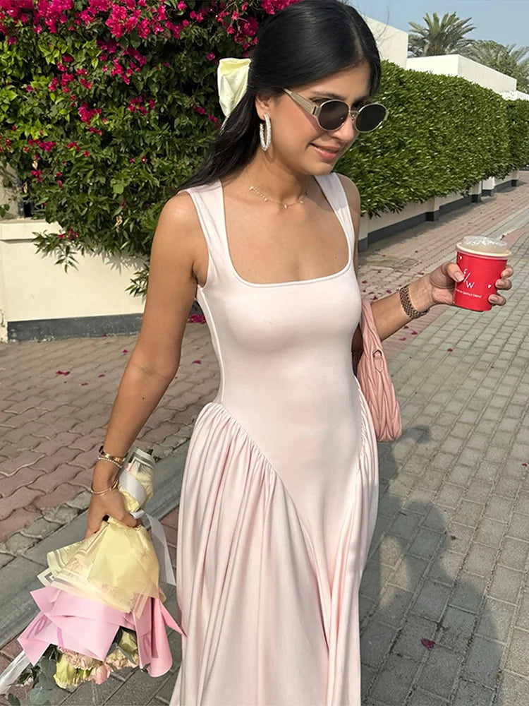Square Neck Drop Waist Pleated Gathered Skirt Midi Dress