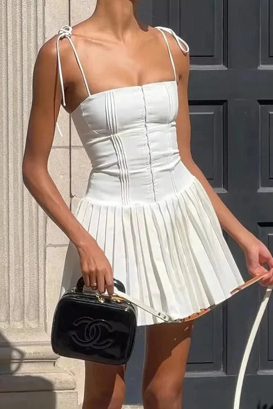 Pleated Slim Fit A-Line Mini Dress with Spaghetti Straps