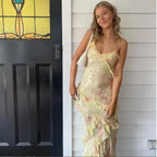 Watercolor Floral Print Ruffle Tier Spaghetti Strap Maxi Dress