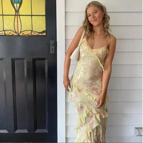 Watercolor Floral Print Ruffle Tier Spaghetti Strap Maxi Dress