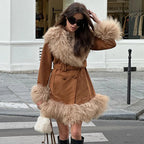Suede And Fur Luxury Coat Women Plush Double Breasted Chic Turn-down Collar Belts Thick Outerwear Vintage Warm Feather Overcoat