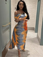 Tie Dye One Shoulder Draped Sleeve Ruched Side Sash Bodycon Maxi Dress
