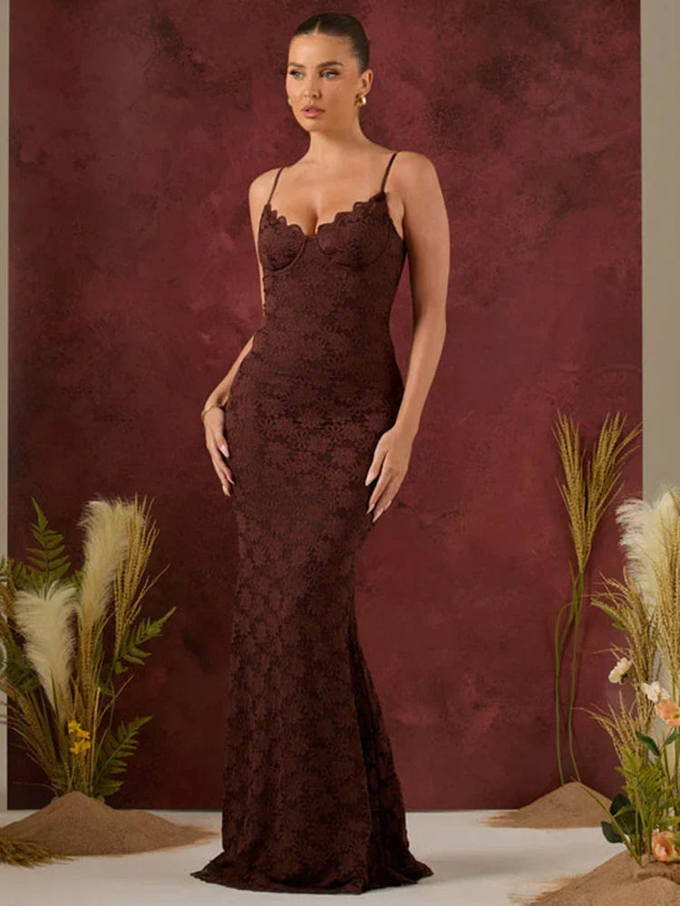 Floral Lace Sweetheart Bustier Spaghetti Strap Mermaid Maxi Gown